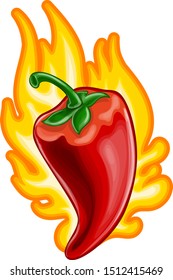 Hot red chili pepper with fire. Volumetric vector illustration in cartoon style.