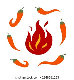 Hot Red Chili Pepper with fire. Isolated Flat Vector Illustration design