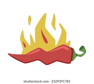 Hot Red Chili Pepper in Fire with Bright Flame Vector Illustration