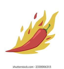 Hot Red Chili Pepper in Fire with Bright Flame Vector Illustration