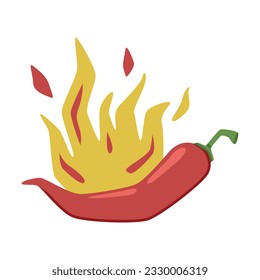 Hot Red Chili Pepper in Fire with Bright Flame Vector Illustration