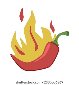 Hot Red Chili Pepper in Fire with Bright Flame Vector Illustration