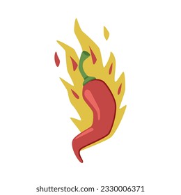 Hot Red Chili Pepper in Fire with Bright Flame Vector Illustration