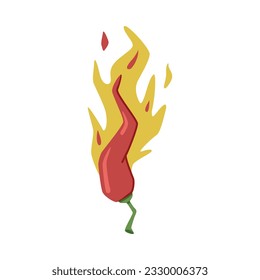 Hot Red Chili Pepper in Fire with Bright Flame Vector Illustration