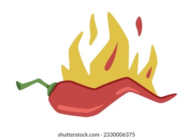 Hot Red Chili Pepper in Fire with Bright Flame Vector Illustration