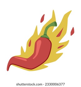 Hot Red Chili Pepper in Fire with Bright Flame Vector Illustration