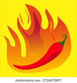 Vetor de pimenta vermelha quente com chamas de fogo em um estilo de desenho animado minimalista plano, simbolizando calor picante e sabor ardente, isolado no branco, adequado para alimentos, cozinhar, molho e design de condimentos.