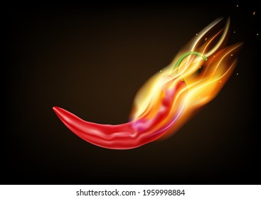 Hot red chili peppers and flames on dark background, vector icon, food ingredient and vegetable food.