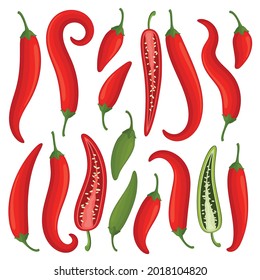 Hot red chili peppers, mexican chilli isolated on white background. Illustrator brushes to create custom shapes included.