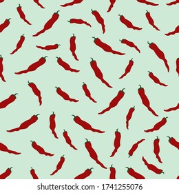 Hot red chili peppers seamless pattern. Vector stock illustration on color background. Trendy flat illustration style. Great for textiles, paper and other surfaces.