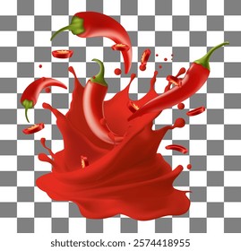 Hot red chilli sauce splash with a fresh hot pepper on background
