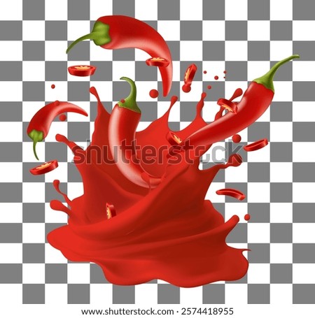 Hot red chilli sauce splash with a fresh hot pepper on background
