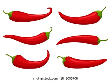 Hot red Chilly peppers set isolated on white background, cartoon mexican chilli, paprika icon signs. Spicy food symbols, cayenne peppers. Vector illustration