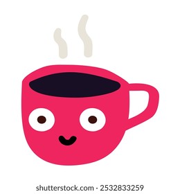 Hot red cup of coffee. Cute character. Hand drawn illustration on white background. 