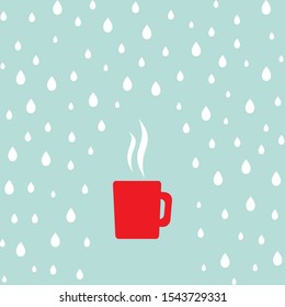 Hot red cup with steam and rain.  Autumn mug with tea or coffee.. Vector flat illustration  on white background. Morning cappuccino. Coffee break