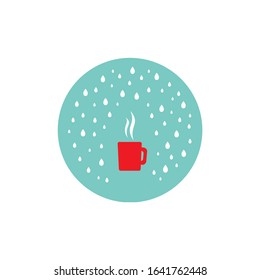 Hot red cup with steam and rain in circle.  Autumn mug with tea or coffee.. Vector flat illustration  on white background. Morning cappuccino. Coffee break