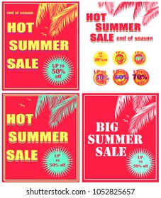 Variación de afiches de descuento rojo caliente con letras de venta en verano caliente, ofrecen etiqueta de color de menta, hojas de palma y gaviota. De estilo Art Deco. Fondo vectorial para banner, volante, etiqueta, tarjeta, folleto