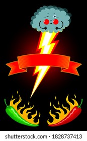 Hot red, green mexican chili pepper with tongues of flame. Red and green burning hot chili peppers, with ribbon, tape for label, lettering. A cloud of lightning from burning. Spicy hot dishes, sauces