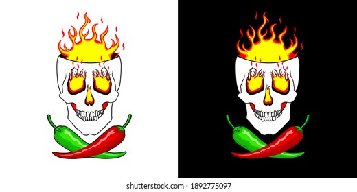 Hot red, green, mexican chili peppers on the background of burning skull. Super Hot peppers. Logo, illustration for spicy hot Mexican, Indian dishes, sauces. Vector for cooking in two design options