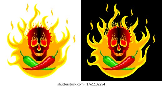 Hot red and green mexican peppers on the background of fire with a burning skull. Logo, illustration for spicy hot Mexican, Indian dishes, sauces. Vector isolated in two designs for cooking