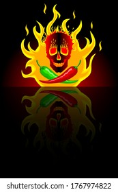 Hot red and green mexican peppers on the background of fire with a burning skull. Black background with mirror reflection. Logo, illustration for spicy hot Mexican, Indian dishes, sauces. Vector