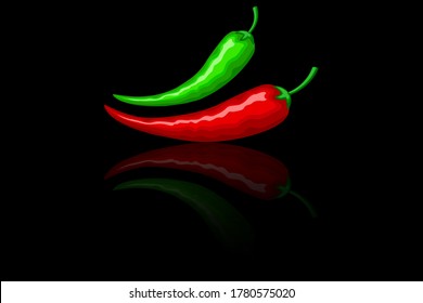 Hot red and green mexican peppers on the black background with mirror reflection. Vector for spicy hot Mexican, Indian dishes, sauces, cooking, kitchen. With workspace