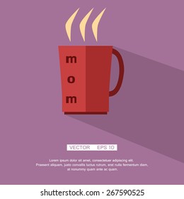 Hot red mug with tea labeled mom, icon, silhouette, flat. Vector. Element for design Eps 10