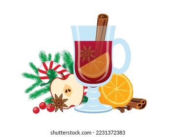 Hot red mulled wine christmas still life vector  Glass christmas mulled wine icon vector isolated white background  Punch holiday party drink still life drawing