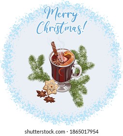 Hot red mulled wine with a cinnamon stick, an orange slice, cookies and Christmas spices, anise