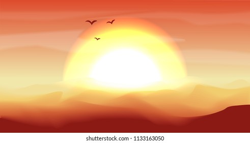 Hot red and orange empty desert panoramic landscape with dunes and bright sunset, sundown in gold yellow colors. Calm desert background, dune and hills. Game deserts scene with big sun, birds and