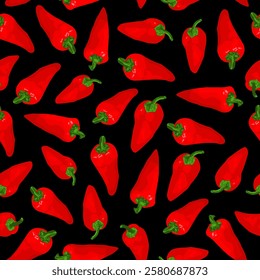 Hot red paprika peppers on black background. Seamless pattern. Tasty peppers in hand drawn cartoon style. Vector food illustration.