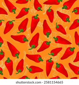 Hot red paprika peppers with an orange background. Seamless pattern. Tasty peppers in hand drawn cartoon style. Vector food illustration.