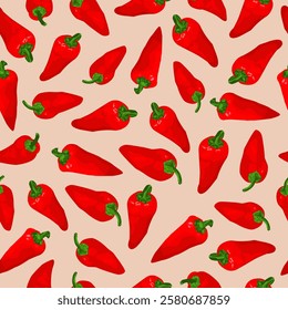 Hot red paprika peppers. Seamless pattern. Tasty peppers in hand drawn cartoon style. Vector food illustration.