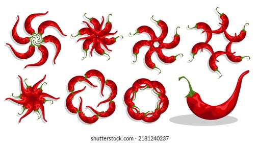 Hot red pepper to decorate Mexican dishes. Hot chili pepper in form of sun or flower on top of dish. Cartoon vector isolated on white background
