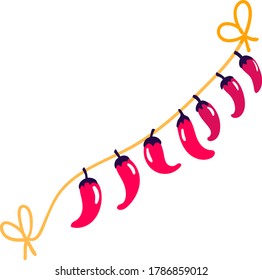 Hot red pepper hanging by thread, concept mexican holiday stuff, five may celebration festival isolated on white, cartoon vector illustration. Foodstuff cinco de mayo feast festivity.
