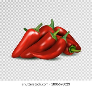 Hot red pepper on transparent background. Jalapeno groupe. Quality realistic vector, 3d illustration.