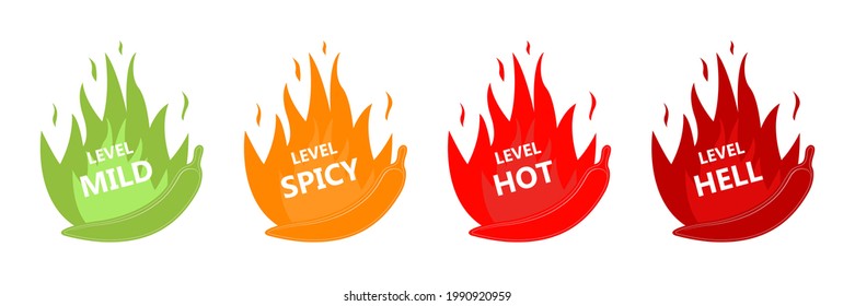 Hot red pepper strength indicator with soft, medium, sharp and infernal position. Flat style. Vector graphics