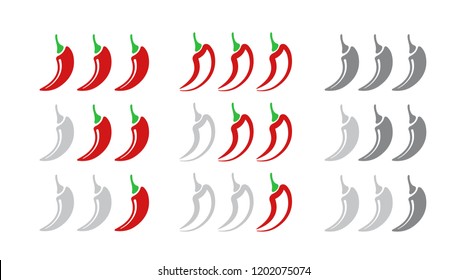 Hot red pepper strength scale. Set of indicator with mild, medium and hot icon positions isolated on white background.