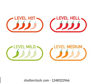 Hot red pepper strength scale indicator with mild, medium, hot and hell positions. Vector stock illustration.