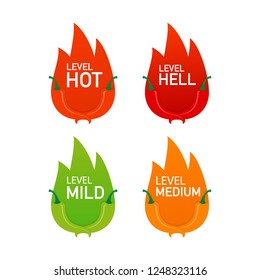 Hot red pepper strength scale indicator with mild, medium, hot and hell positions. Vector stock illustration.