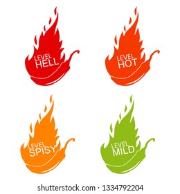 Hot red pepper strength scale indicator with mild, medium, hot and hell positions. Vector stock illustration.