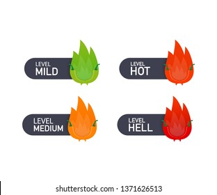 Hot red pepper strength scale indicator with mild, medium, hot and hell positions. Vector stock illustration.