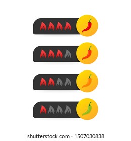 Hot red pepper strength scale indicator with mild, medium, hot and hell positions. Vector illustration.