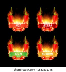 Hot red pepper strength scale indicator with mild, medium, hot and hell positions. Vector illustration.