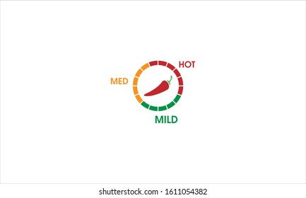 Hot red pepper strength scale indicator with mild, medium, hot in circle. Vector stock illustration.