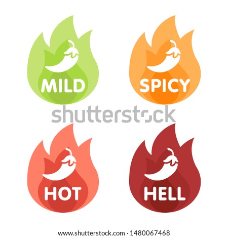 Hot red pepper strength scale indicator  flat element. Variety of peppers in severity: mild, spicy, hot, hell. Cooking ingredient. Pictogram for web, app,promo. 