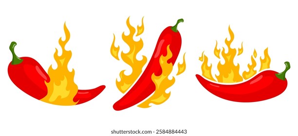 Hot red peppers with flame - vector illustration for spicy food. 