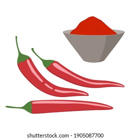 Hot red peppers and powder. Isolated vector images. Clipart