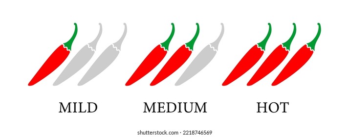 Hot red peppers strength scale. Set of indicator with mild, medium and hot icons. Vegetarian healthy foods. Vector illustration