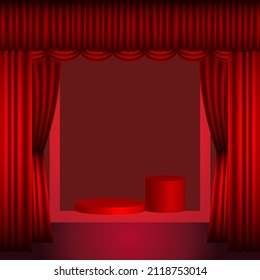 Hot red round stage in front of red curtain background, beauty product podium display concept in square format.